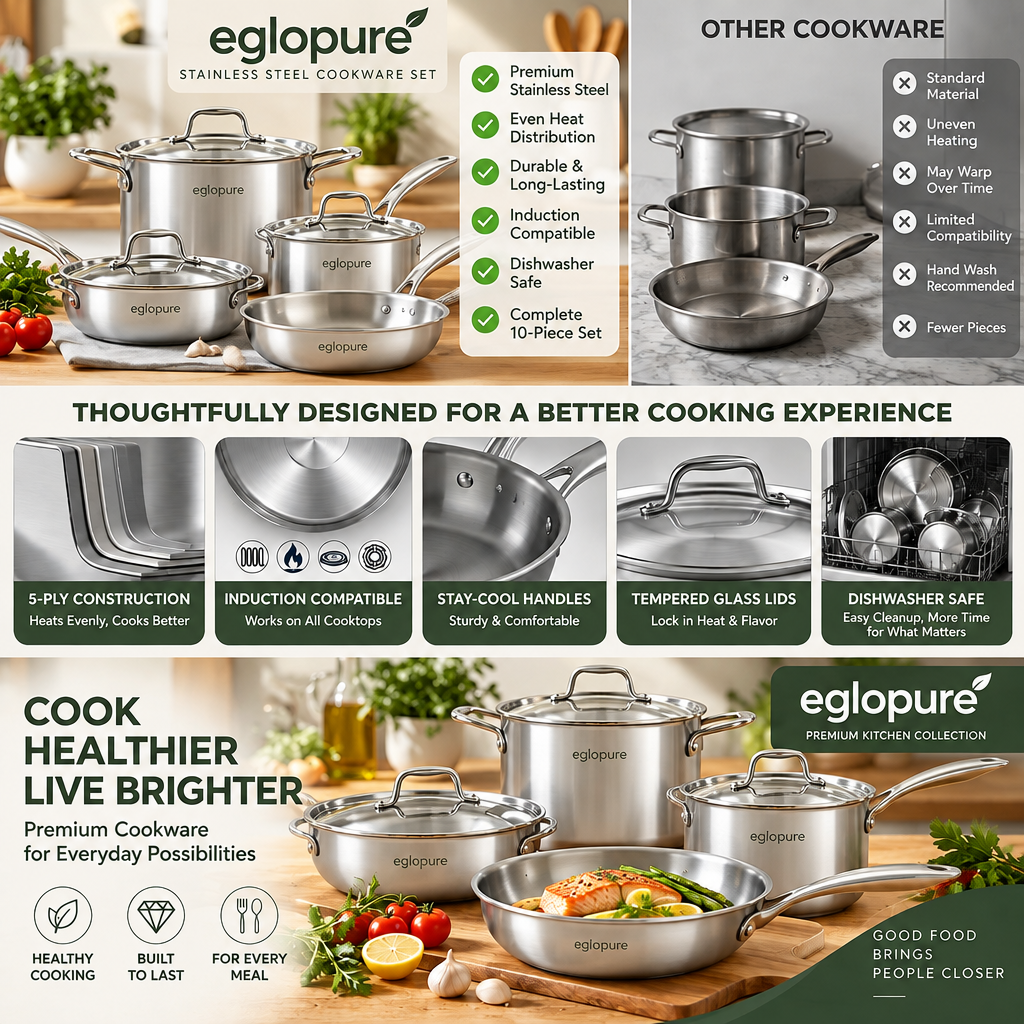 eglopure Premium Kitchen Collection 10-Piece Cookware Suite – Durable 5-Ply Even-Heat Frying Pans, Stockpot, Saucepan & Utensils for All Cooktops