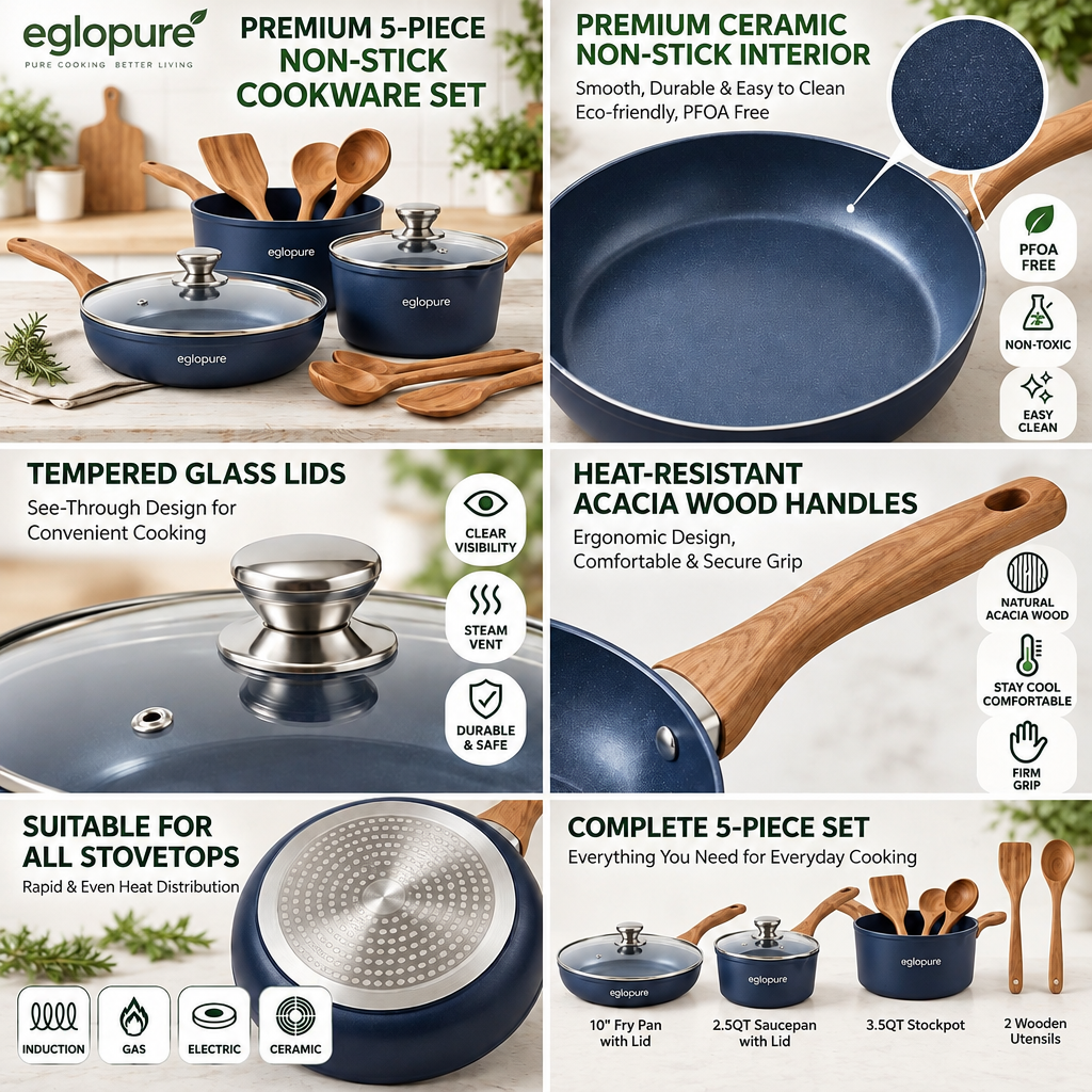 eglopure Cook Healthier, Happier Lives Kitchen Cookware Set – Elegant Navy Blue Non-Stick Skillets, Stockpot, Saucepans & Natural Wooden Spoons