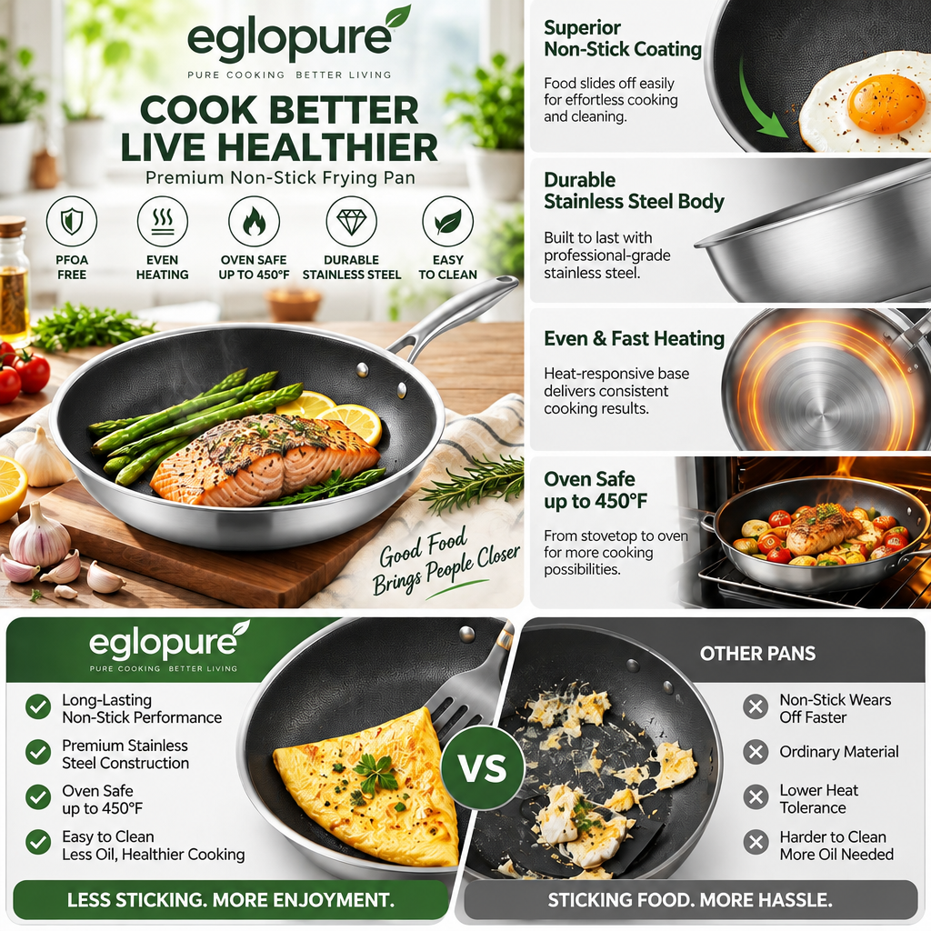 eglopure Premium Tri-Ply Stainless Steel Skillet – Scratch-Resistant Non-Stick Sauté Pan for Everyday Cooking on All Cooktops (Built to Last)