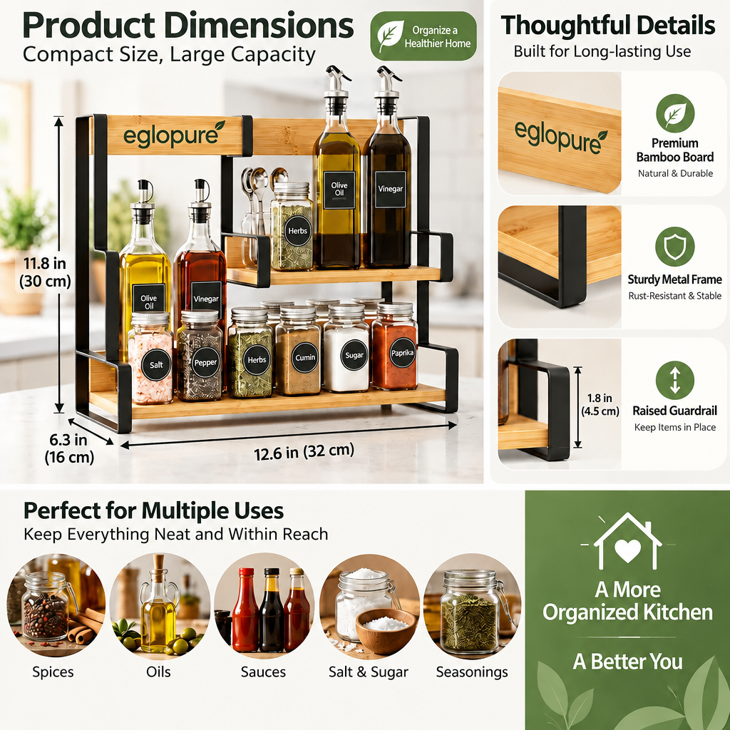 eglopure 3-Tier Standing Spice Organizer Shelf – Modern Bamboo Wood & Metal Countertop Spice Rack for Kitchen Pantry, Cabinet & Dining Table