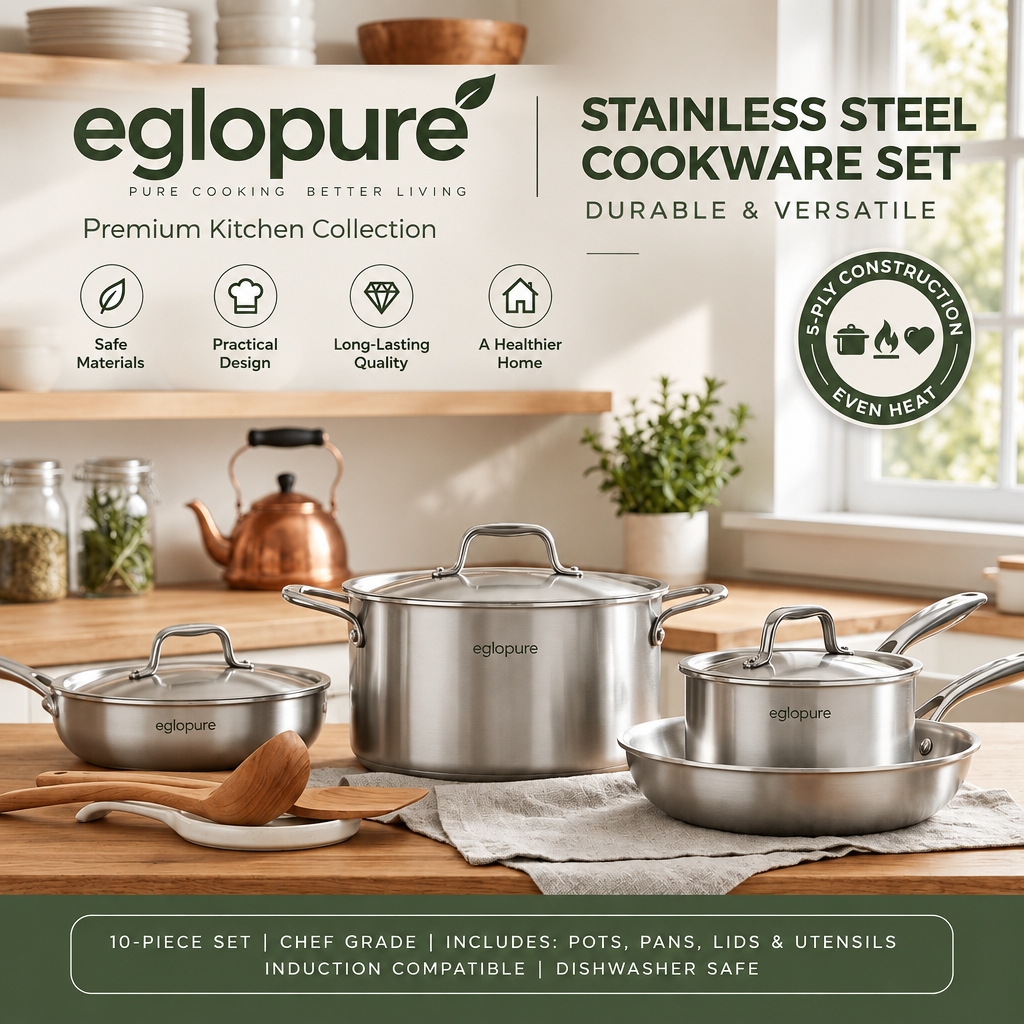eglopure Professional Tri-Ply Clad Stainless Steel Cookware Set – Non-Stick Frying Pan, Sauté Pan, Saucepans & Stockpot with Riveted Ergonomic Handles