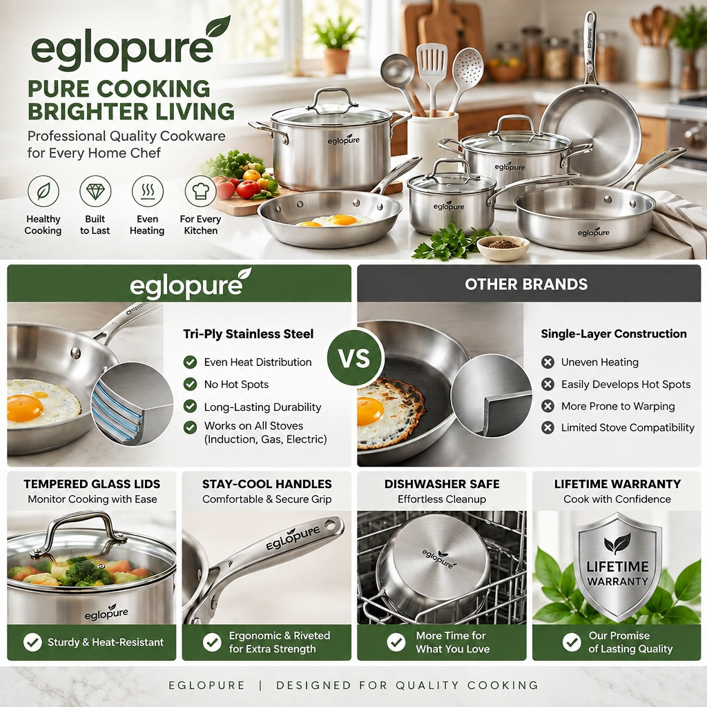 eglopure Professional Tri-Ply Stainless Steel 12-Piece Kitchen Cookware Set – Heavy-Duty Skillets, Stockpot, Saucepans & Cooking Tools (Induction, Gas, Electric)