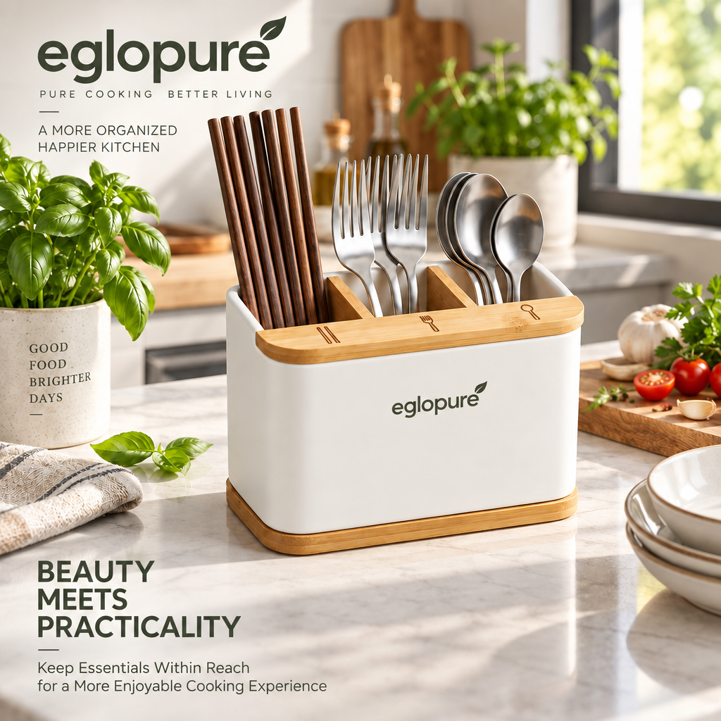 eglopure Countertop Silverware Caddy – Matte White Kitchen Utensil Organizer with Removable Bamboo Base & Dividers for Chopsticks, Forks & Spoons