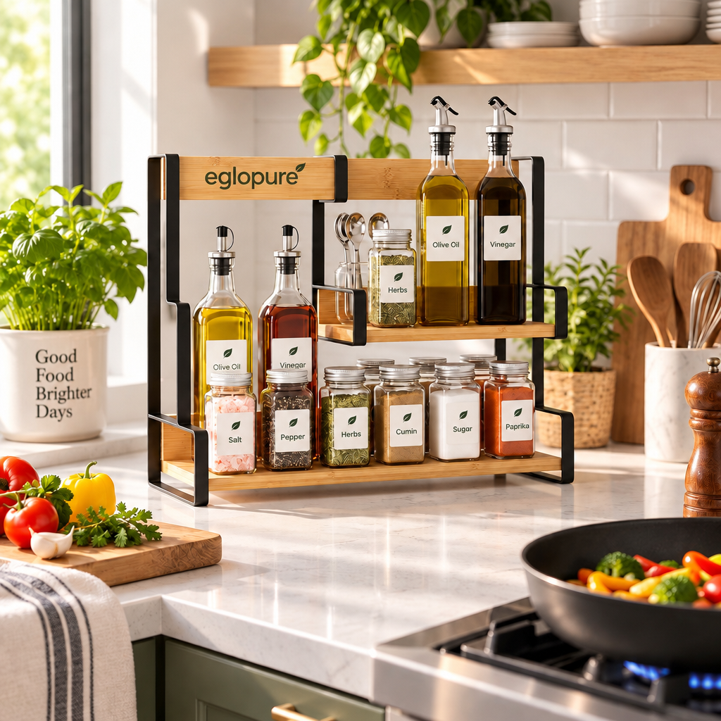 eglopure 3-Tier Standing Spice Organizer Shelf – Modern Bamboo Wood & Metal Countertop Spice Rack for Kitchen Pantry, Cabinet & Dining Table