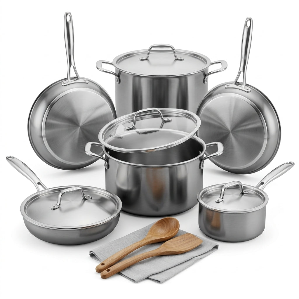 eglopure Premium Kitchen Collection 10-Piece Cookware Suite – Durable 5-Ply Even-Heat Frying Pans, Stockpot, Saucepan & Utensils for All Cooktops