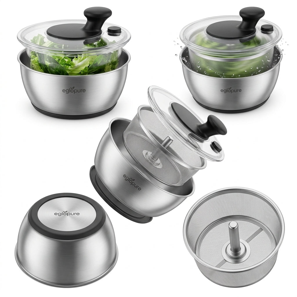 eglopure Stainless Steel Salad Spinner with Bowl and Strainer Basket – 4.5 Quart High-Speed Fruit and Vegetable Washer Dryer with Brake Button for Kitchen