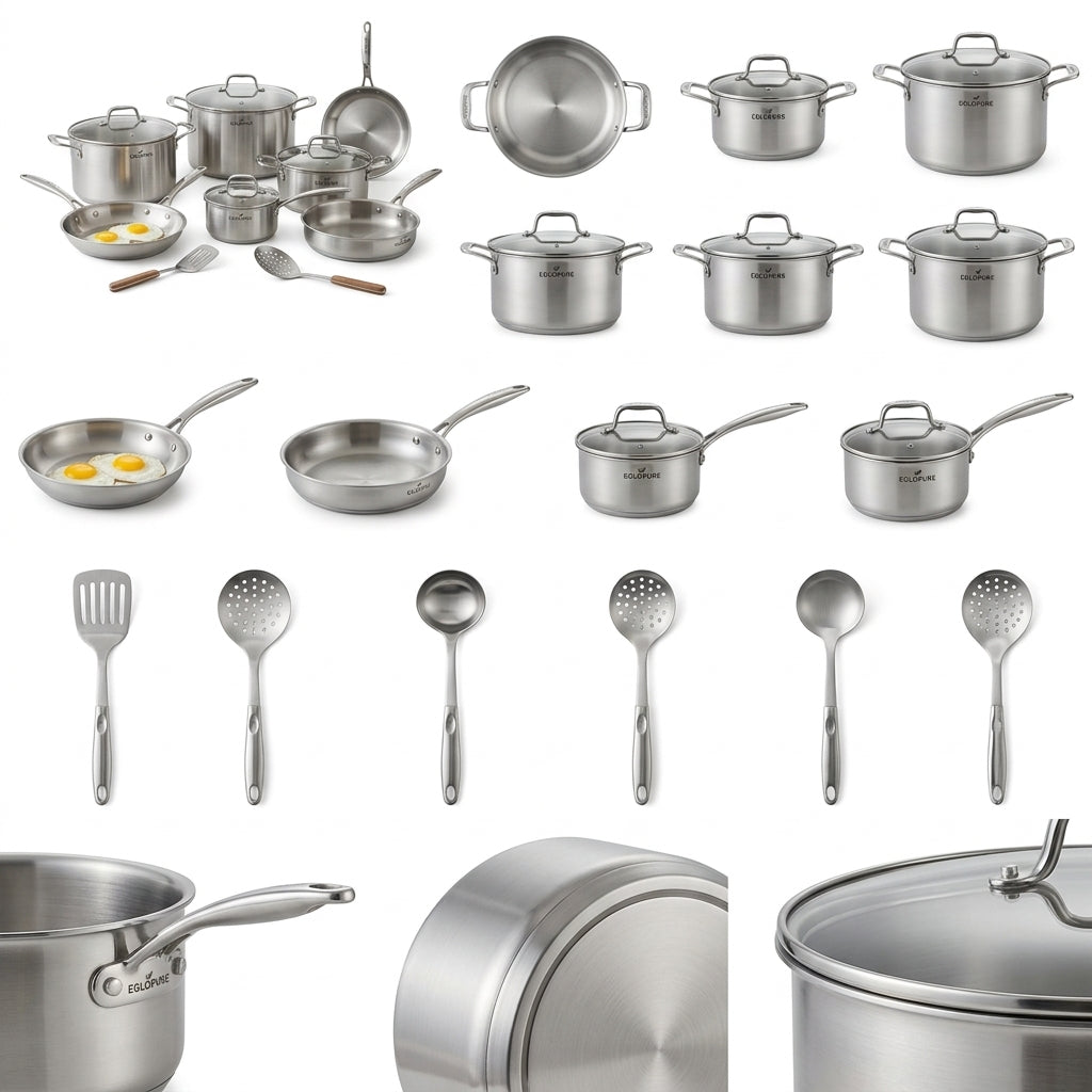 eglopure Professional Tri-Ply Stainless Steel 12-Piece Kitchen Cookware Set – Heavy-Duty Skillets, Stockpot, Saucepans & Cooking Tools (Induction, Gas, Electric)