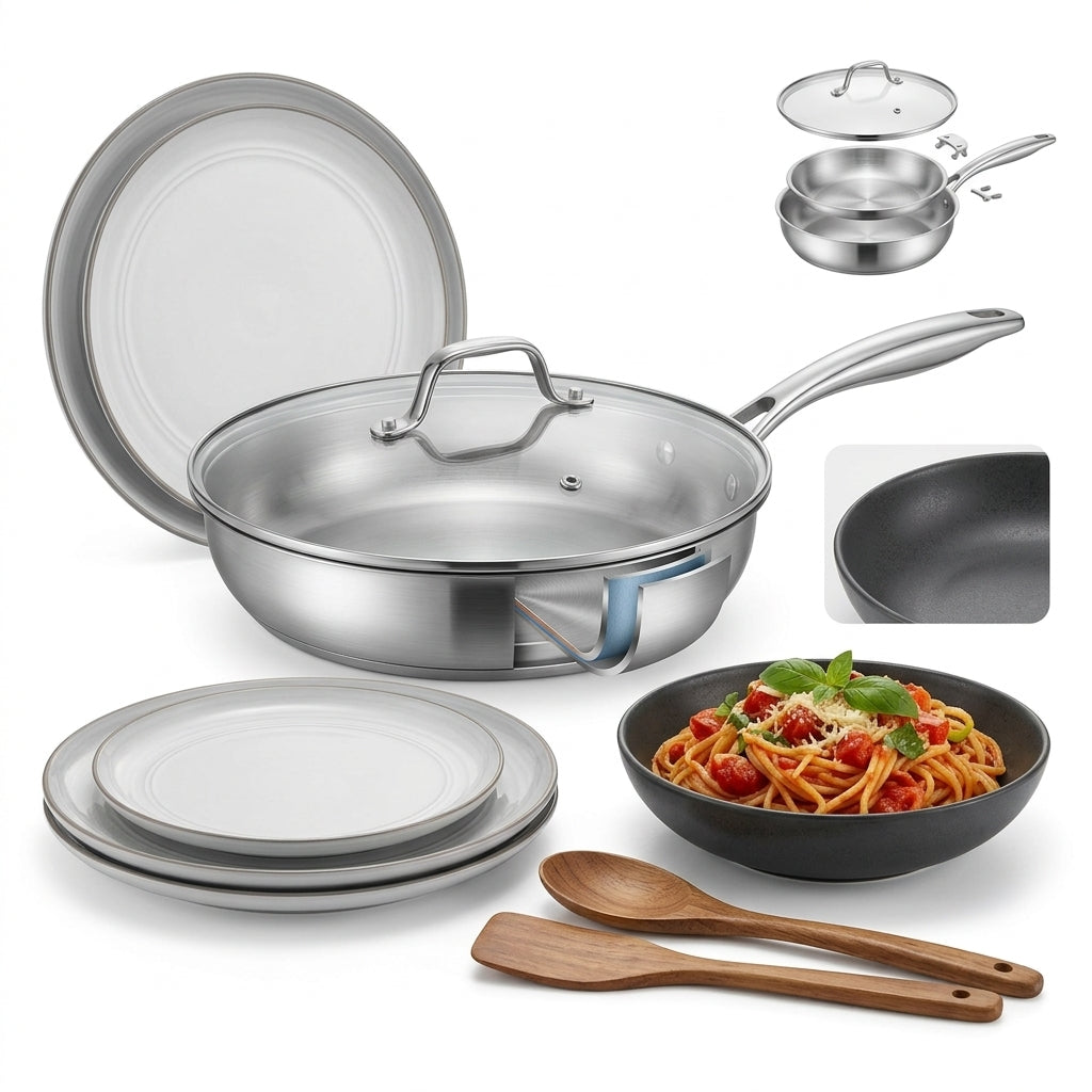 eglopure 7-Piece Kitchen Cookware and Dinnerware Set – Stainless Steel Frying Pan with Lid, Ceramic Tableware Dishes & Wooden Spatula Set for All Stovetops