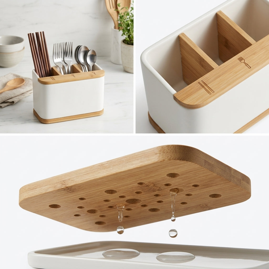 eglopure Countertop Silverware Caddy – Matte White Kitchen Utensil Organizer with Removable Bamboo Base & Dividers for Chopsticks, Forks & Spoons
