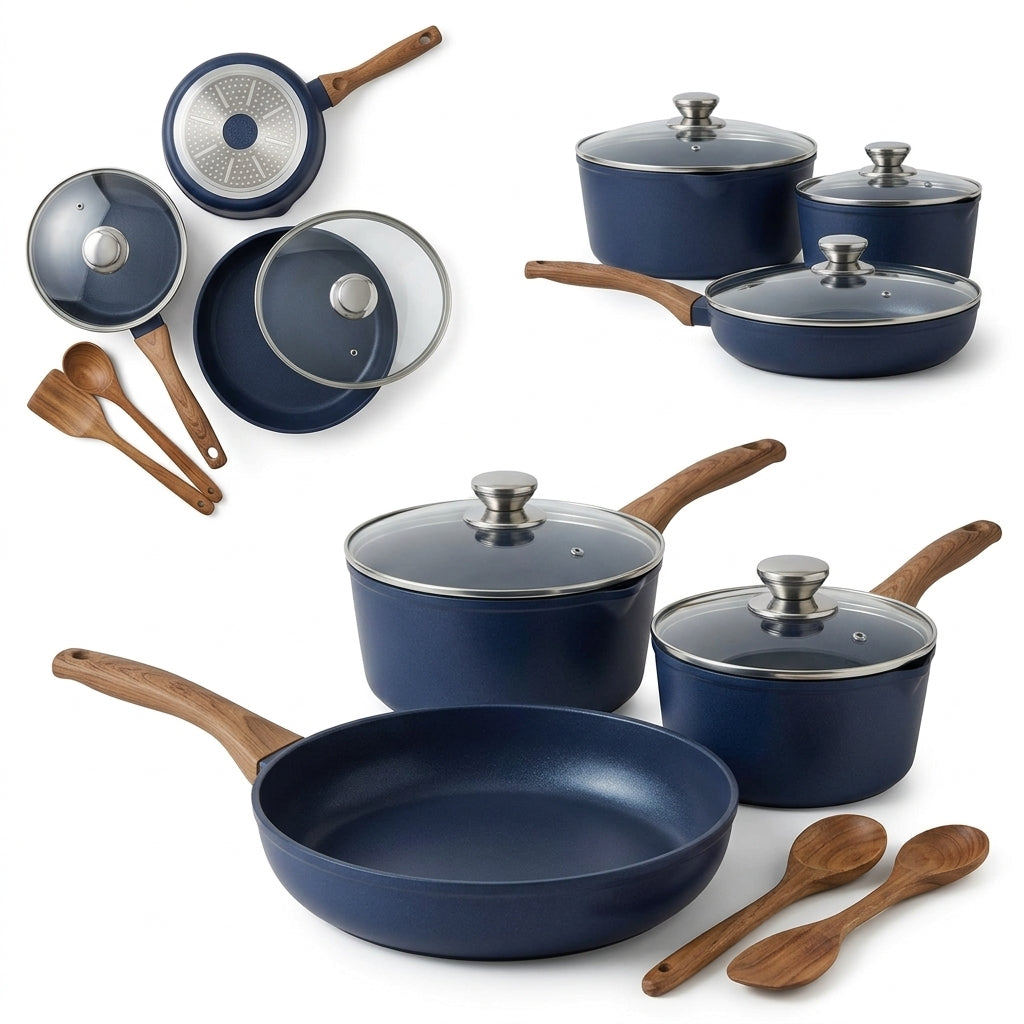 eglopure Cook Healthier, Happier Lives Kitchen Cookware Set – Elegant Navy Blue Non-Stick Skillets, Stockpot, Saucepans & Natural Wooden Spoons