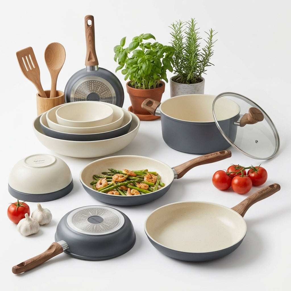 eglopure Premium Ceramic Non-Toxic Cookware & Serving Bowl Suite – Healthy Nonstick Frying Pan, Stockpot, Saucepans & Wood Utensils for All Stovetops