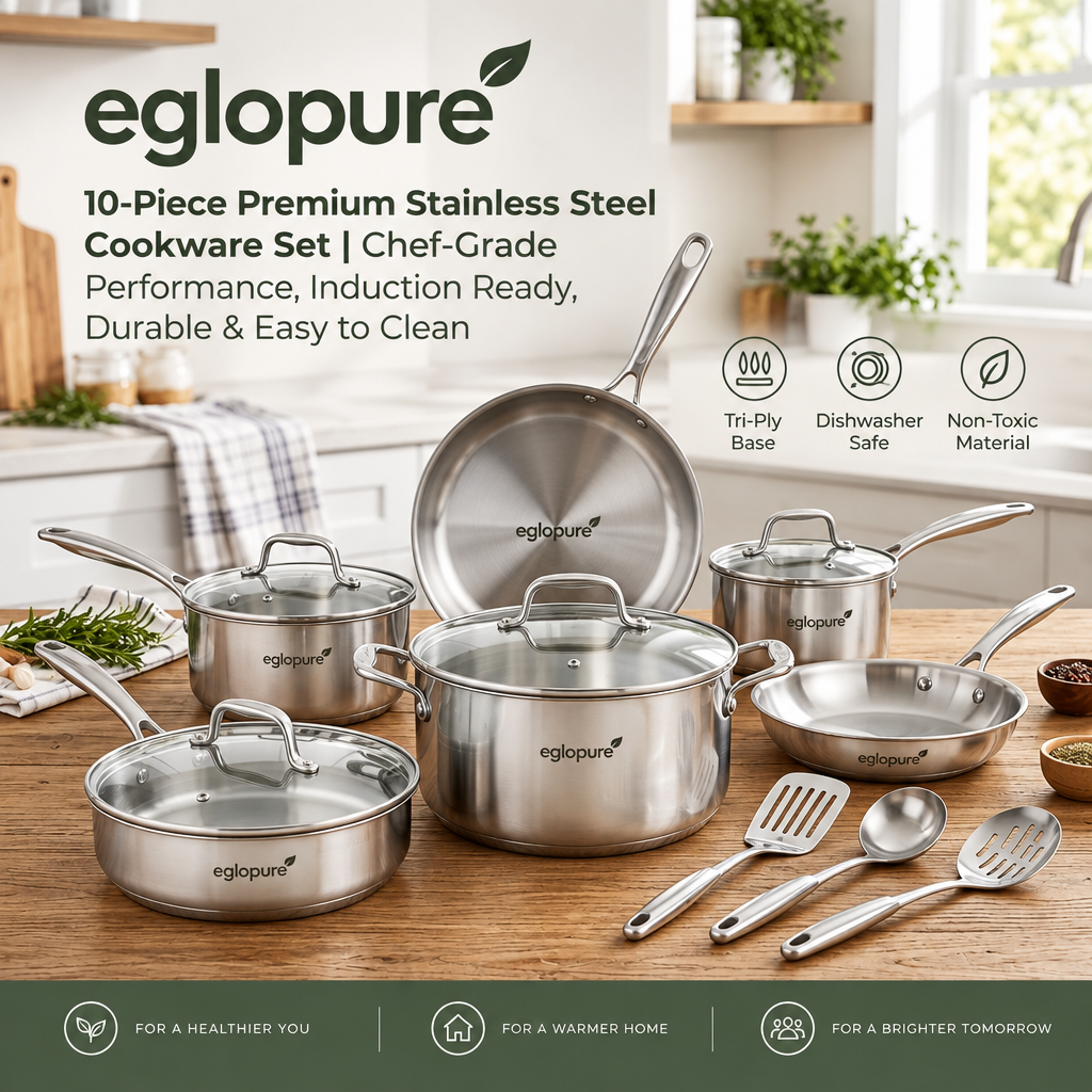 eglopure Professional 10-Piece Stainless Steel Kitchen Cookware Suite – Non-Toxic Tri-Ply Pots, Skillets, Sauté Pan & Utensil Set for Induction, Gas & Electric