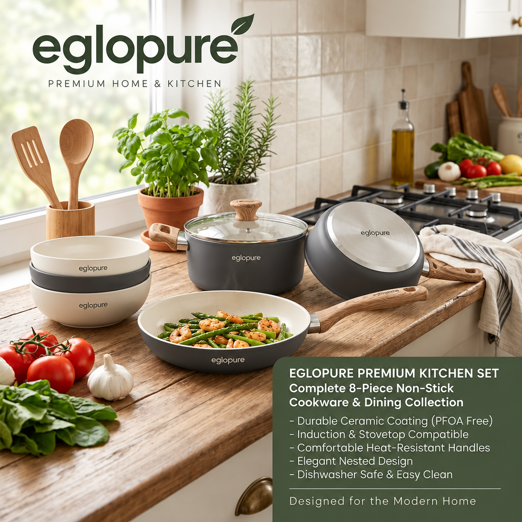 eglopure Premium Ceramic Non-Toxic Cookware & Serving Bowl Suite – Healthy Nonstick Frying Pan, Stockpot, Saucepans & Wood Utensils for All Stovetops
