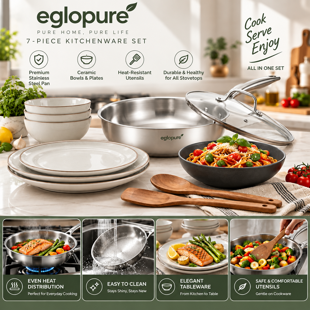 eglopure 7-Piece Kitchen Cookware and Dinnerware Set – Stainless Steel Frying Pan with Lid, Ceramic Tableware Dishes & Wooden Spatula Set for All Stovetops