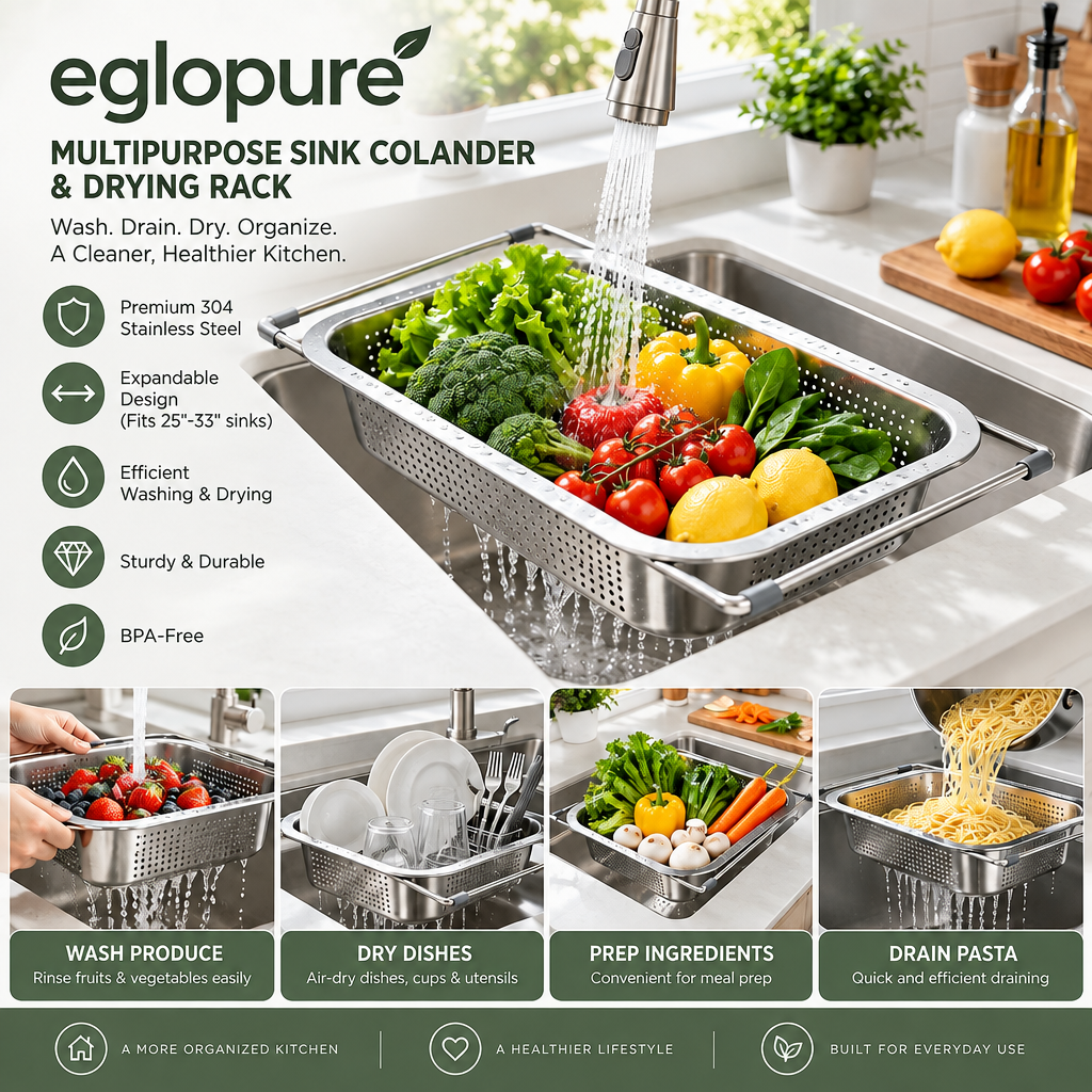 eglopure Multipurpose In-Sink Colander & Utensil Drying Rack – Premium Rustproof 304 Stainless Steel Food Strainer for Produce Prep & Tableware Drying