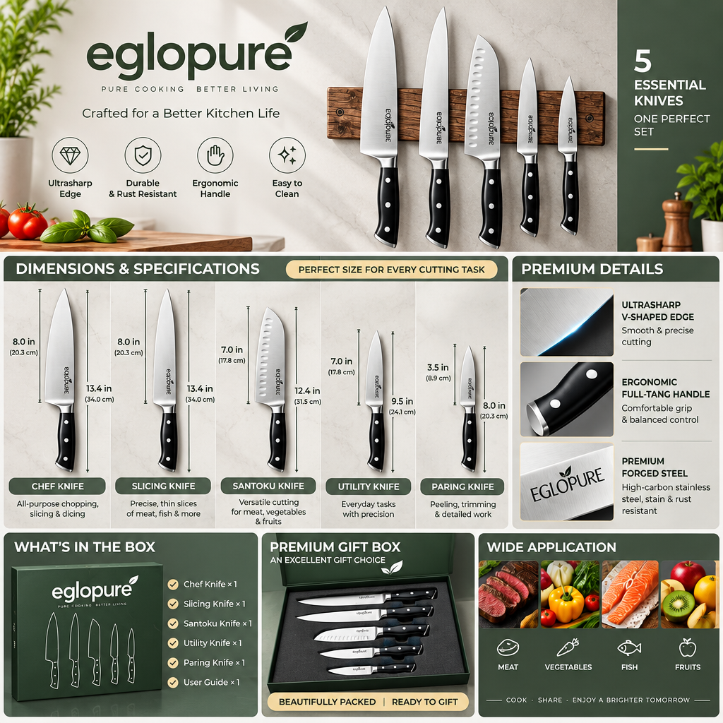 eglopure Professional 5-Piece Kitchen Knife Set – Forged High-Carbon Stainless Steel Chef Knives with Ergonomic Full-Tang Triple-Rivet Handles