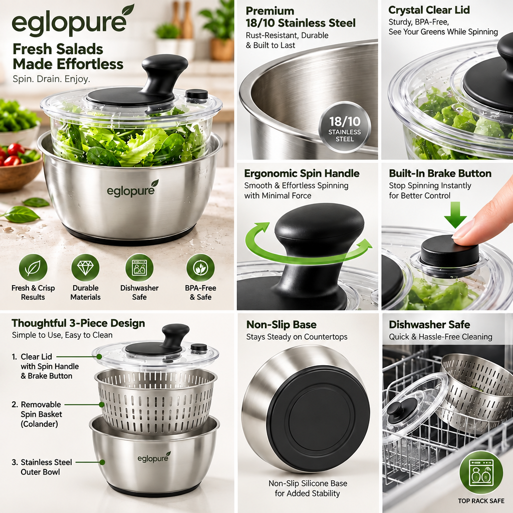 eglopure Stainless Steel Salad Spinner with Bowl and Strainer Basket – 4.5 Quart High-Speed Fruit and Vegetable Washer Dryer with Brake Button for Kitchen