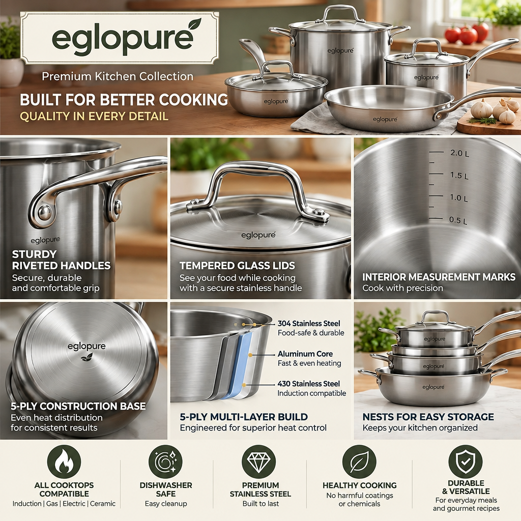 eglopure Professional Tri-Ply Clad Stainless Steel Cookware Set – Non-Stick Frying Pan, Sauté Pan, Saucepans & Stockpot with Riveted Ergonomic Handles