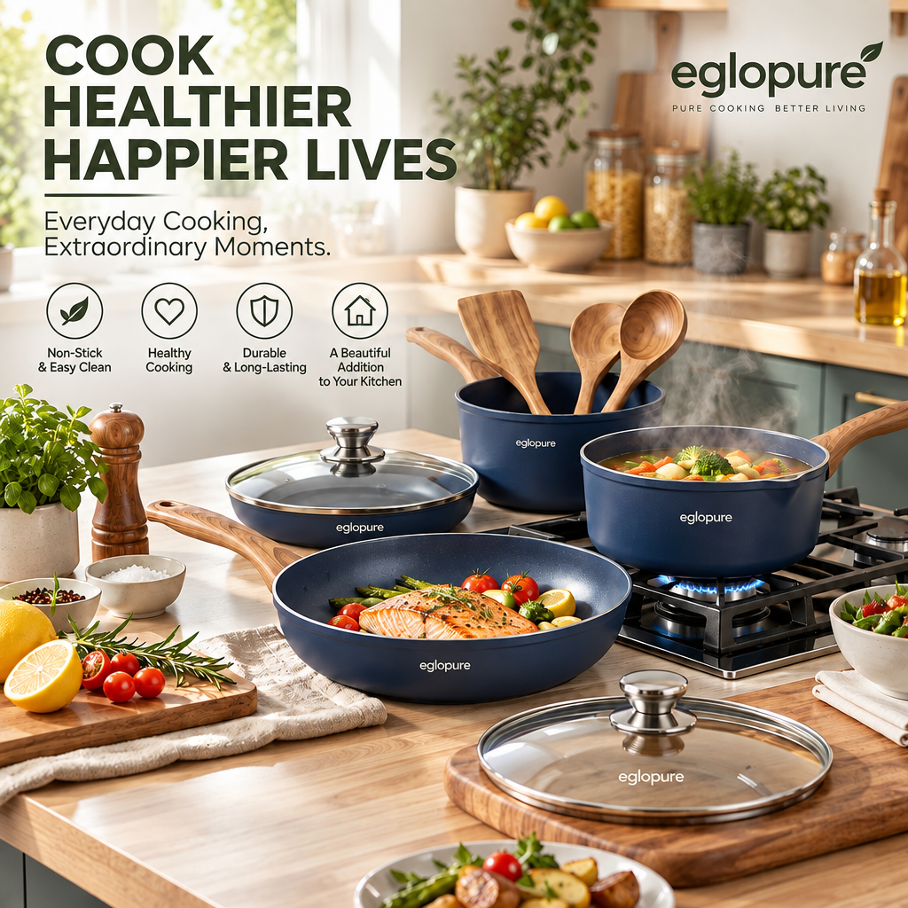 eglopure Cook Healthier, Happier Lives Kitchen Cookware Set – Elegant Navy Blue Non-Stick Skillets, Stockpot, Saucepans & Natural Wooden Spoons