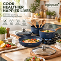 eglopure Cook Healthier, Happier Lives Kitchen Cookware Set – Elegant Navy Blue Non-Stick Skillets, Stockpot, Saucepans & Natural Wooden Spoons