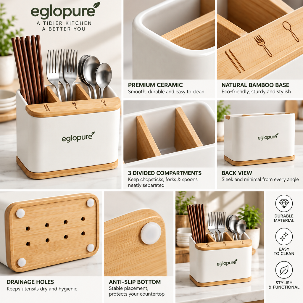 eglopure Countertop Silverware Caddy – Matte White Kitchen Utensil Organizer with Removable Bamboo Base & Dividers for Chopsticks, Forks & Spoons