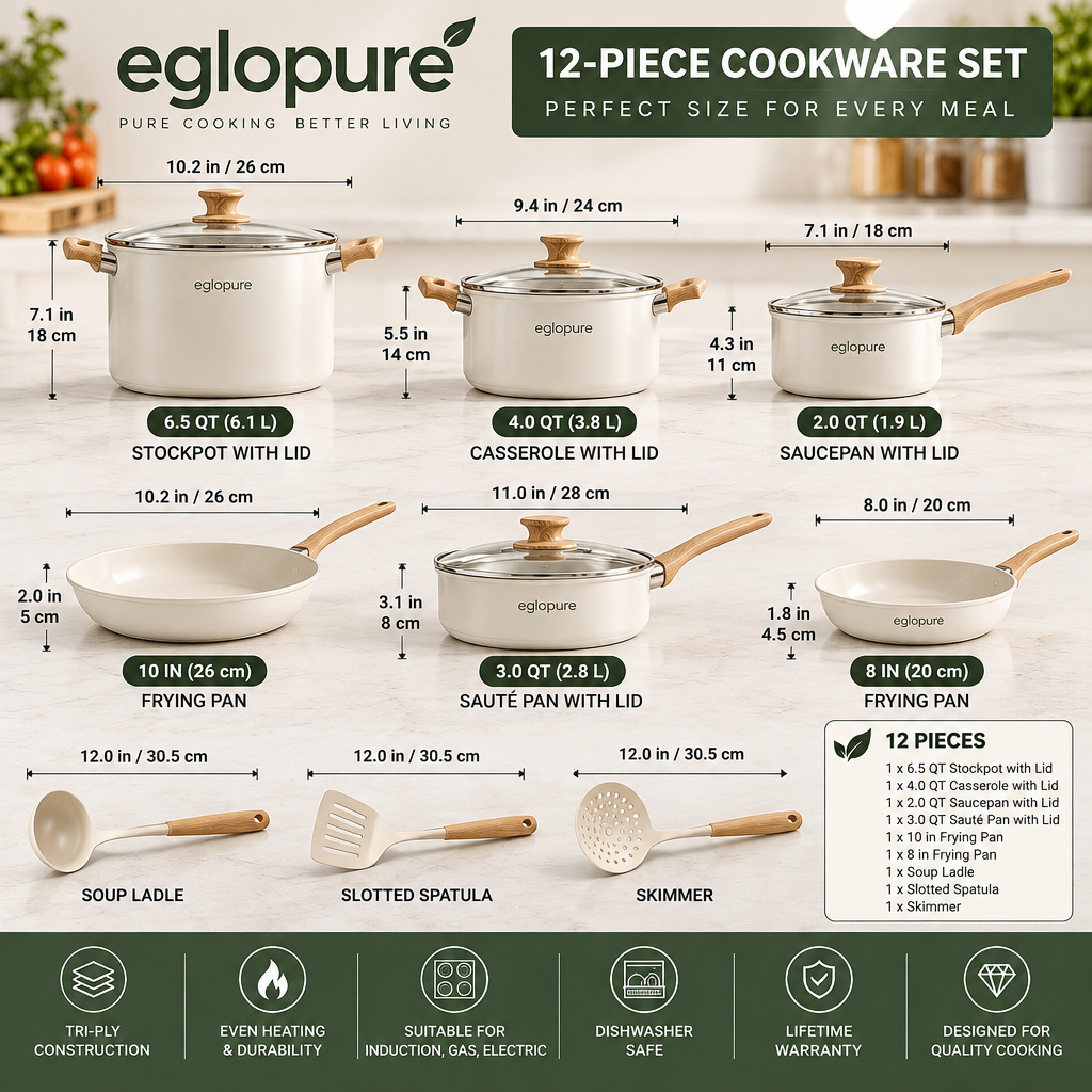 eglopure Professional Tri-Ply Stainless Steel 12-Piece Kitchen Cookware Set – Heavy-Duty Skillets, Stockpot, Saucepans & Cooking Tools (Induction, Gas, Electric)