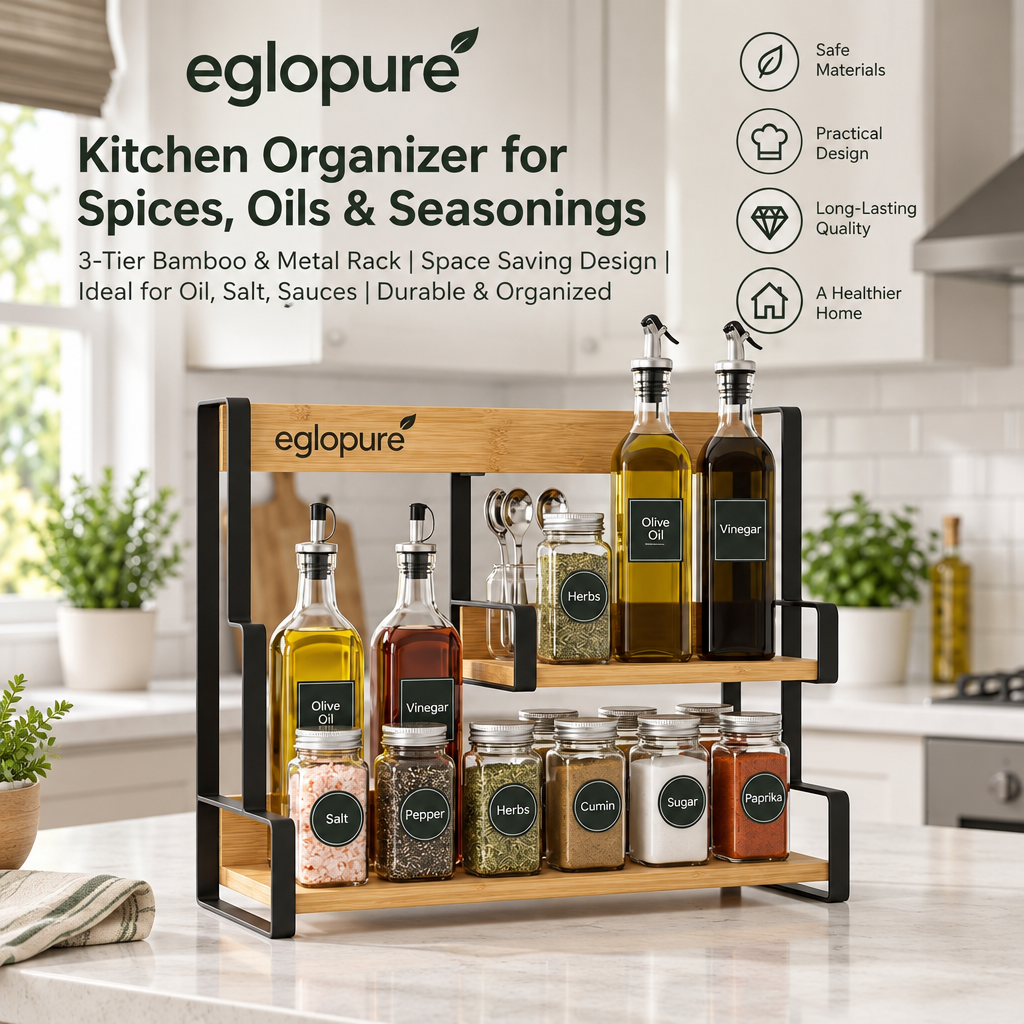 eglopure 3-Tier Standing Spice Organizer Shelf – Modern Bamboo Wood & Metal Countertop Spice Rack for Kitchen Pantry, Cabinet & Dining Table
