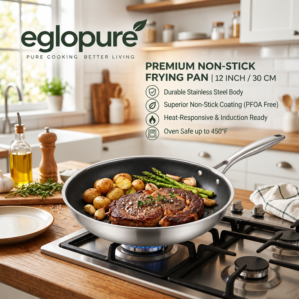 eglopure Premium Tri-Ply Stainless Steel Skillet – Scratch-Resistant Non-Stick Sauté Pan for Everyday Cooking on All Cooktops (Built to Last)
